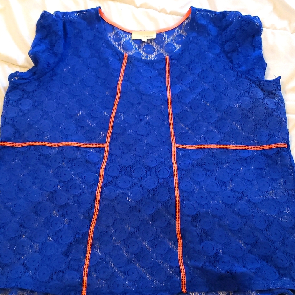 Blue Lace Top w/ Neon Orange Piping